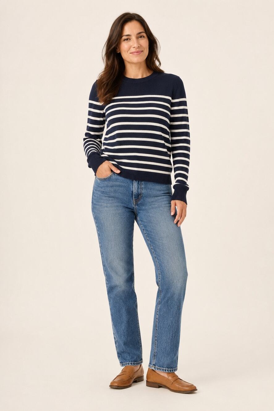 J.Crew Size Small Navy Ivory Striped Cotton Crewneck Sweater Nautical